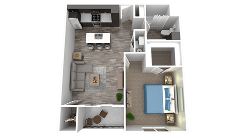 Floor plan for 1 bed, 1 bath, 741 sqft